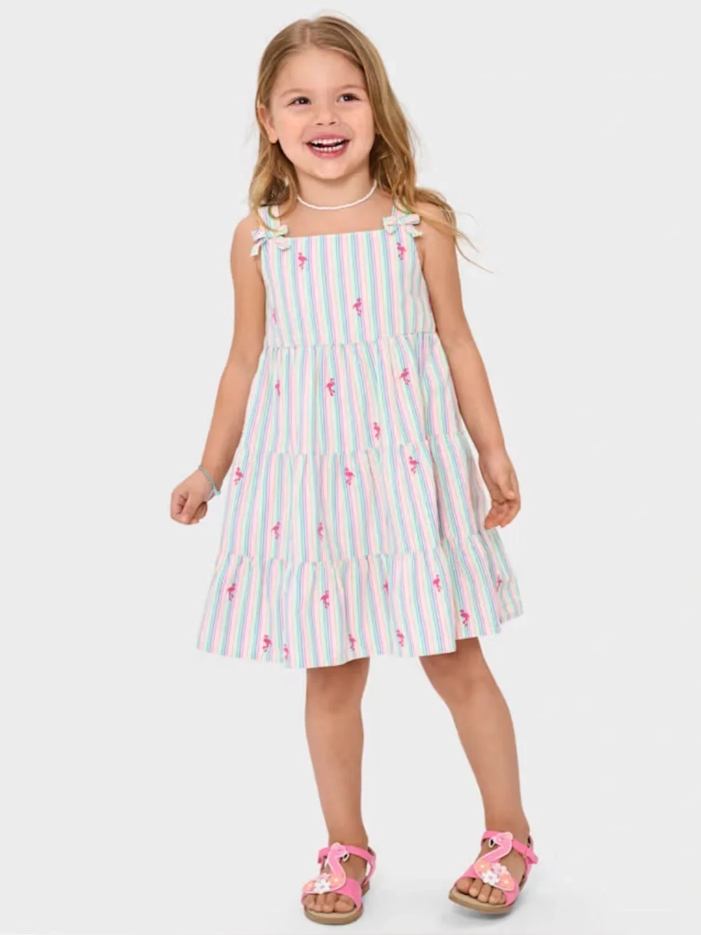 Gymboree Seaside Palms Embroidered Flamingo Seersucker Tiered Dress, Size 10